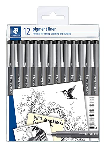 STAEDTLER schwarze pigment liner in unterschiedlichen Linienbreiten, dokumentenechte Pigmenttinte, lange Metallspitze, lange Lebensdauer, 12 Liner in 12 Linienbreiten, 308-9 TB12 von Staedtler