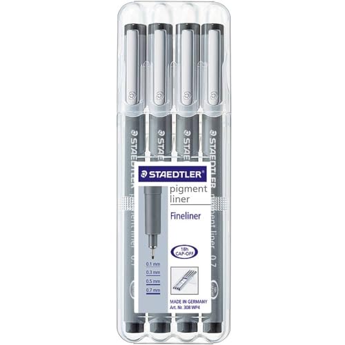 STAEDTLER schwarze pigment liner in unterschiedlichen Linienbreiten, dokumentenechte Pigmenttinte, lange Metallspitze, lange Lebensdauer, 4 Liner in 4 Linienbreiten in stabiler STAEDTLER-Box, 308 WP4 STAEDTLER schwarze pigment liner in unterschiedlichen Linienbreiten, dokumentenechte Pigmenttinte, lange Metallspitze, lange Lebensdauer, 4 Liner in 4 Linienbreiten in stabiler STAEDTLER-Box, 308 WP4 von Staedtler