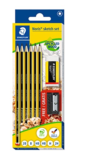 STAEDTLER sketch set Noris, Made from Upcycled Wood, Set mit 6 Bleistiften in verschiedenen Härtegraden, Radiergummi und Anspitzer, 61 120 C6 von Staedtler
