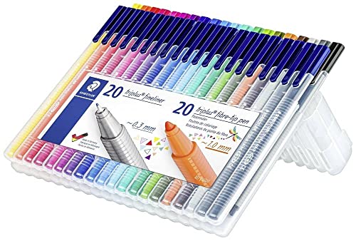 STAEDTLER triplus Fineliner und Fasermaler Set, Mix & Match Eigenschaft, ergonomische Dreikantform, DRY SAFE, in praktischer STAEDTLER Box mit 20 Fineliner und 20 Fasermaler, 34 SB40, 40er Set von Staedtler