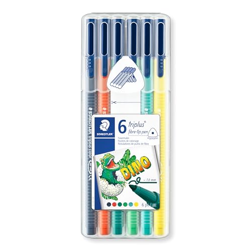 STAEDTLER triplus fibre-tip pen, Fasermaler mit Mix & Match System, eindrucksichere Spitze, ergonomische Dreikantform, STAEDTLER Box mit 6 triplus Fasermalern in den Farben Dinosaurier, 323SB6CS10 von Staedtler