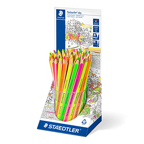 STAEDTLER trockene Textmarker Buntstifte, ergonomische Dreikantform, ideal für dünnes Papier, in den Farben neon gelb, orange, pink und grün, 48 Trockentextmarker im Köcher, 128 64KP48 von Staedtler