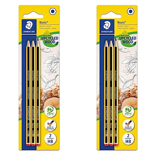 Staedtler Bleistift Noris 120, Made from Upcycled Wood, Härtegrad HB, Rutschfeste Soft-Oberfläche, hohe Buchfestigkeit, hohe Qualität Made in Germany,Blisterkarte mit 3 Stück, 120-2BK3DA,Packung mit 2 von Staedtler