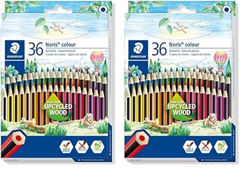 Staedtler Buntstifte Noris colour, rutschfeste Soft-Oberfläche, hohe Bruchfestigkeit, Made from Upcycled Wood, intensive Farben, Sechskantformat, 36 Farbstifte im Kartonetui, 185 CD36 (Packung mit 2) von Staedtler
