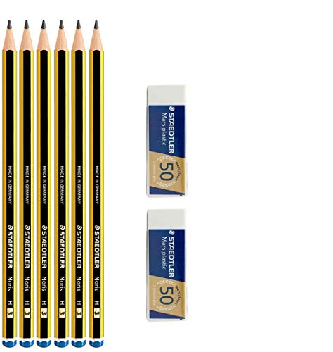 Staedtler Noris 120 H Graphitstift - Set mit 6 Bleistiften + 2 Radiergummis Mars plastic Staedtler von Staedtler