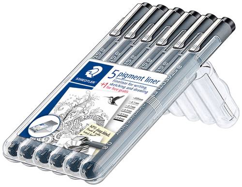 Staedtler pigment liner 5+1 Set 308 SB6P Fineliner Schwarz 0.05 mm, 0.1 mm, 0.2 mm, 0.3 mm, 0.5 mm, von Staedtler