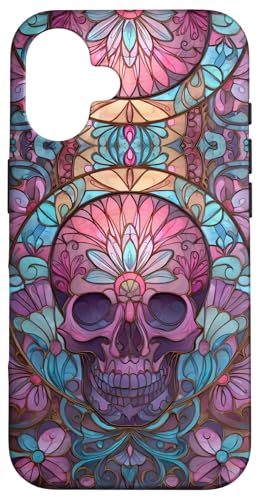 Boho Skull Floral Swirl Stained Art Effect Stain Art Pink Hülle für iPhone 16 Boho Skull Floral Swirl Stained Art Effect Stain Art Pink Hülle für iPhone 16 von Stained Art Effects ADC