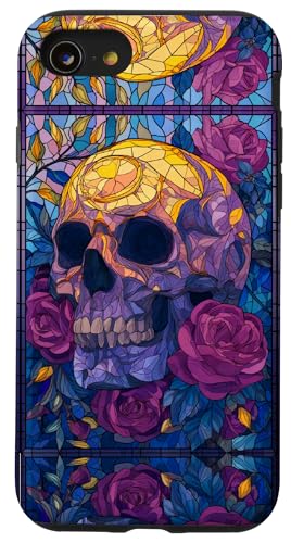 Skull Stained Art Effect Stain Art Floral Blue Purple Yellow Hülle für iPhone SE (2020) / 7 / 8 von Stained Art Effects ADC