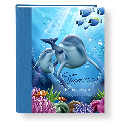 Zeugnismappe personalisiert Delfin Family A4 ca. 31x24 cm blau Zeugnisbuch Delphin Urkundenmappe Einschulung Schulanfang von Stammbuchshop