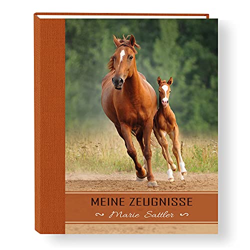 Zeugnismappe personalisiert Little Horse A4 ca. 31x24 cm, orange, Zeugnisbuch Pferde, Urkundenmappe Einschulung, Schulanfang von Stammbuchshop
