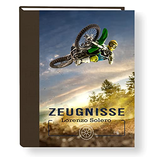 Zeugnismappe personalisiert Motorcross A4 ca. 31x24 cm grün blau Zeugnisbuch Motorrad Urkundenmappe Einschulung Schulanfang von Stammbuchshop