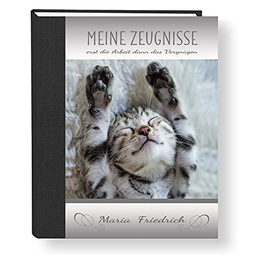 Zeugnismappe personalisiert Relax Cat A4 ca. 31x24 cm, grau, Zeugnisbuch Katze, Urkundenmappe Einschulung, Schulanfang von Stammbuchshop