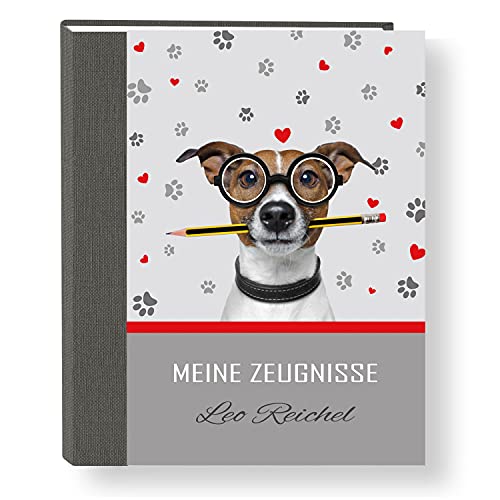 Zeugnismappe personalisiert Smart Dog A4 ca. 31x24 cm, grau rot, Zeugnisbuch Hund, Urkundenmappe Einschulung, Schulanfang von Stammbuchshop