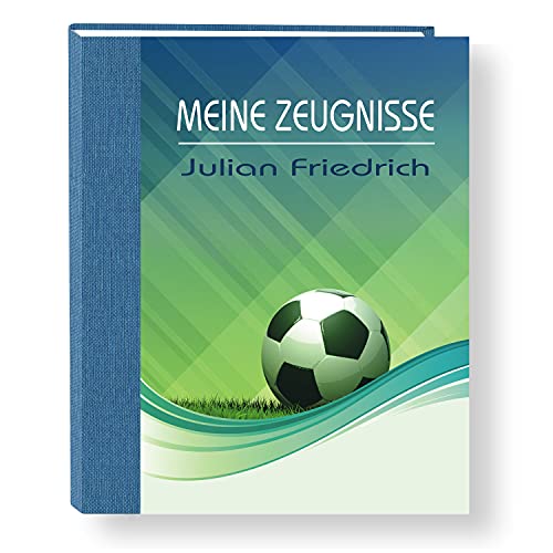 Zeugnismappe personalisiert Soccer A4 ca. 31x24 cm, blau grün, Zeugnisbuch Fußball, Urkundenmappe Einschulung, Schulanfang von Stammbuchshop