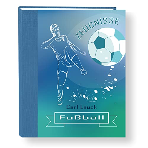 Zeugnismappe personalisiert Soccer Game A4 ca. 31x24 cm blau grün Zeugnisbuch Fußball Urkundenmappe Einschulung Schulanfang von Stammbuchshop