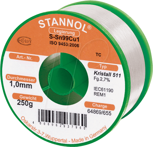 STA 511 TC 1,0 - Lötzinn bleifrei mit Kupferanteil,Ø 1,0 mm, 250 g von Stannol