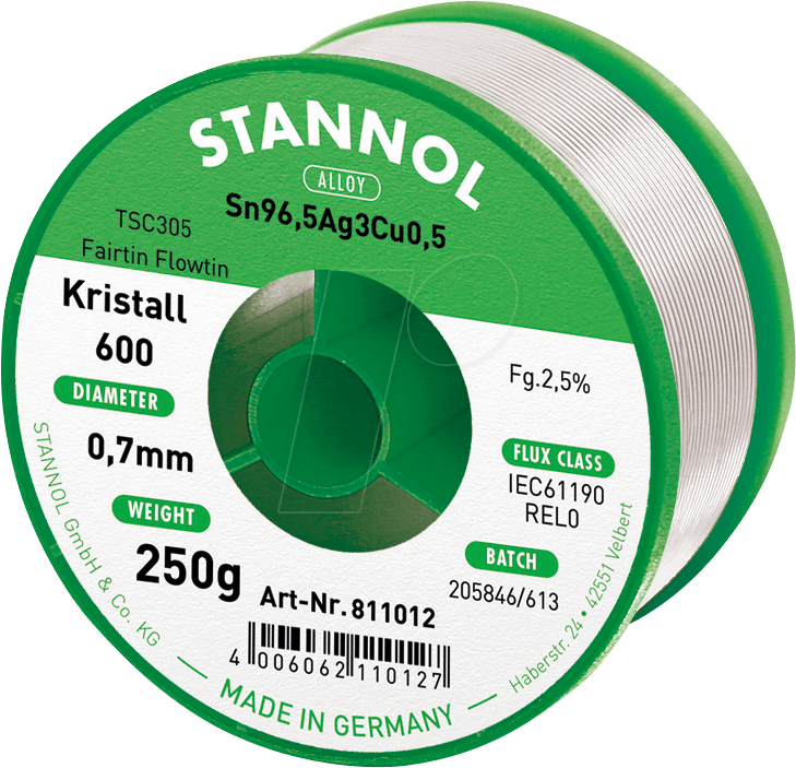 STA 600 TSC 0,7 - Lötzinn bleifrei mit Silber- und Kupferanteil,Ø 0,7 mm, 250 g von Stannol