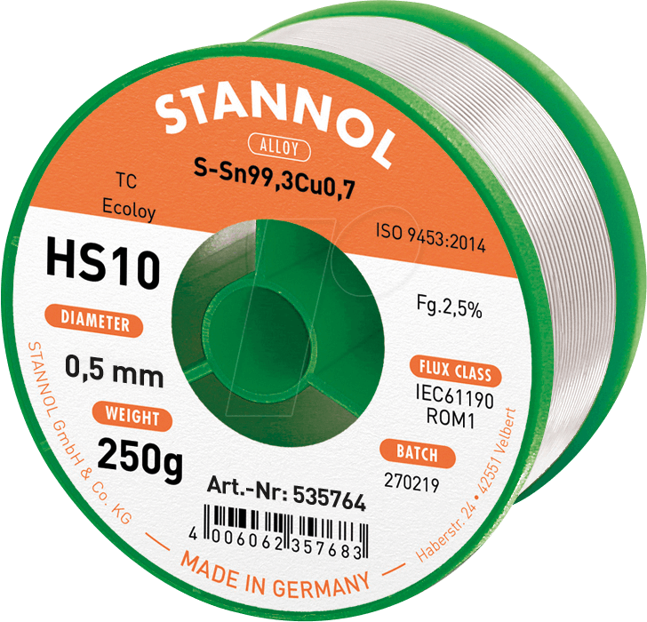 STA HS10 TC 0,5 - Lötzinn HS10 bleifrei mit Kupferanteil,Ø 0,5 mm, 250 g von Stannol
