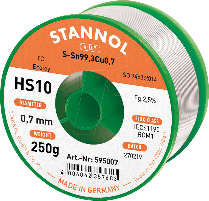 STA HS10 TC 0,7 - Lötzinn HS10 bleifrei mit Kupferanteil,Ø 0,7 mm, 250 g von Stannol