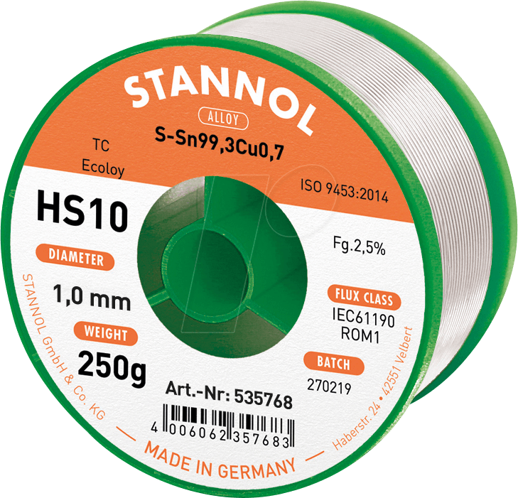 STA HS10 TC 1,0 - Lötzinn HS10 bleifrei mit Kupferanteil,Ø 1,0 mm, 250 g von Stannol
