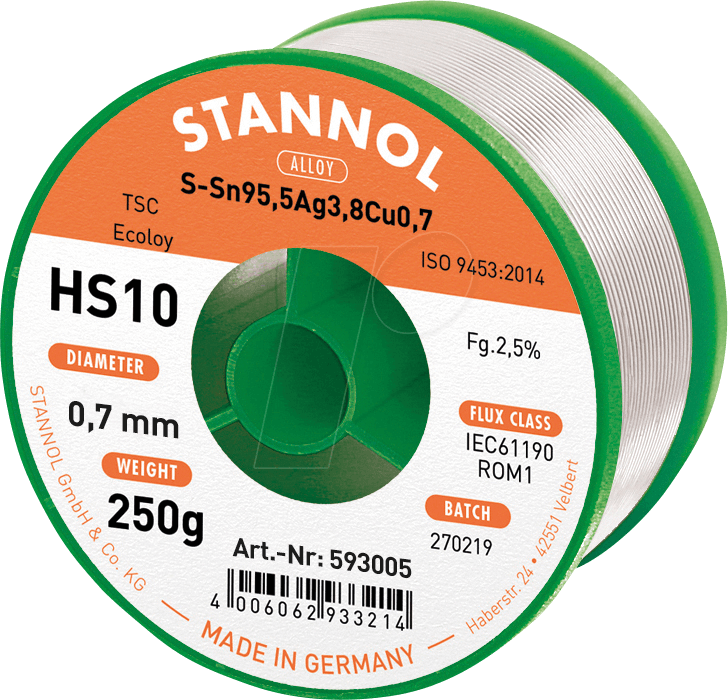 STA HS10 TSC 0,5 - Lötzinn HS10 bleifrei mit Silber- und Kupferanteil,Ø 0,5 mm, 250 von Stannol