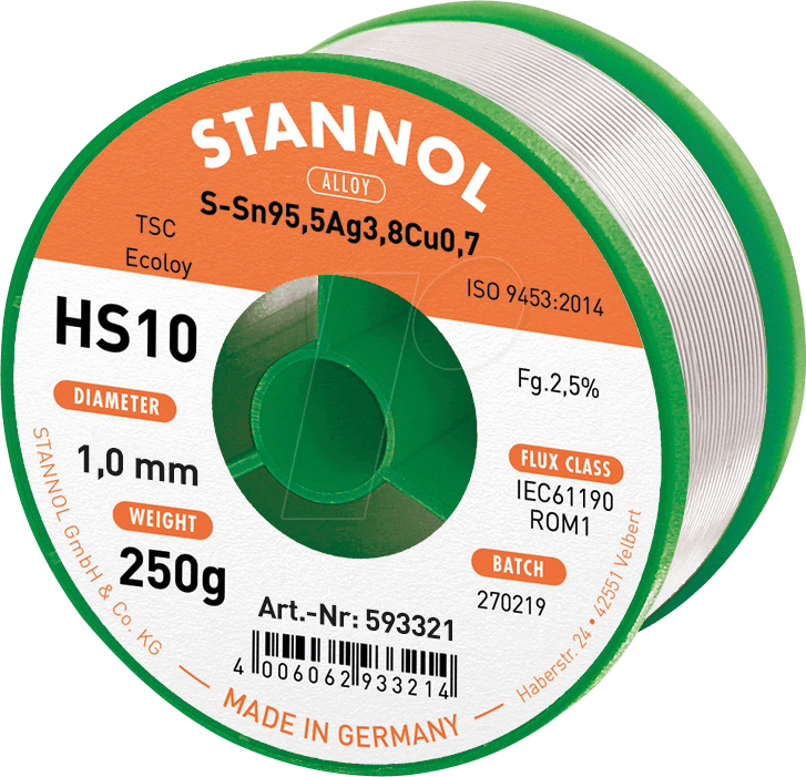 STA HS10 TSC 1,0 - Lötzinn HS10 bleifrei mit Silber- und Kupferanteil,Ø 1,0 mm, 250 von Stannol