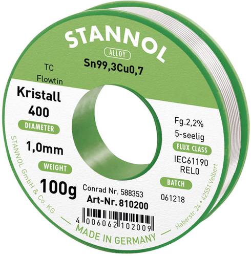 Stannol Ecology TC Lötzinn, bleifrei Spule Sn99,3Cu0,7 REL0 100g 1mm von Stannol