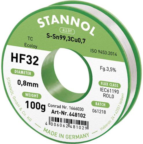 Stannol HF32 3,5% 0,8MM SN99,3CU0,7 CD 100G Lötzinn, bleifrei bleifrei, Spule Sn99,3Cu0,7 ROL0 100g von Stannol
