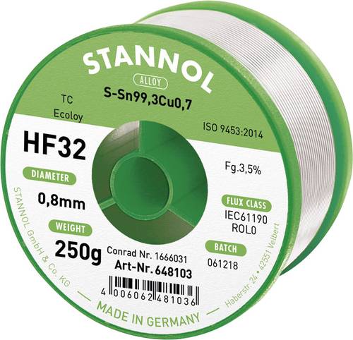 Stannol HF32 3,5% 0,8MM SN99CU0,7 CD 250G Lötzinn, bleifrei bleifrei Sn99,3Cu0,7 ROL0 250g 0.8mm von Stannol