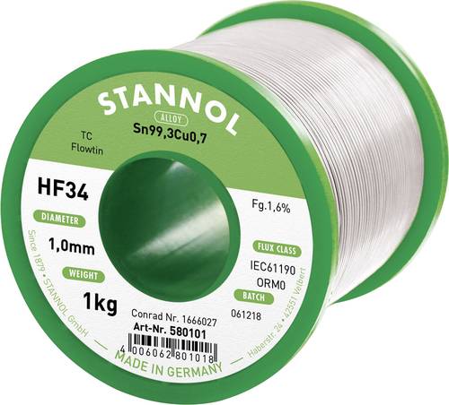 Stannol HF34 1,6% 1,0MM FLOWTIN TC CD 1000G Lötzinn, bleifrei Spule, bleifrei Sn99,3Cu0,7 ORM0 1000 von Stannol