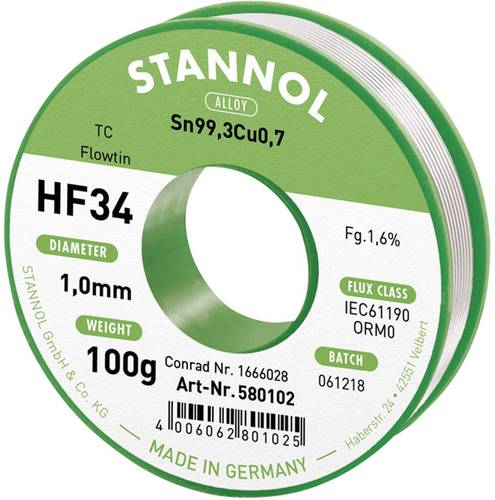 Stannol HF34 1,6% 1,0MM FLOWTIN TC CD 100G Lötzinn, bleifrei Spule, bleifrei Sn99,3Cu0,7 ORM0 100g von Stannol