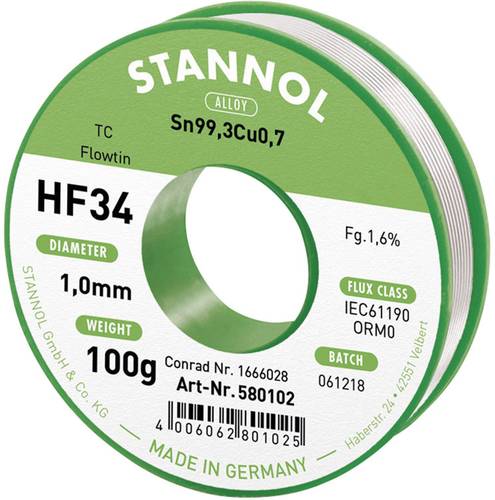 Stannol HF34 1,6% 1,0MM FLOWTIN TC CD 100G Lötzinn, bleifrei Spule, bleifrei Sn99,3Cu0,7 ORM0 100g Stannol HF34 1,6% 1,0MM FLOWTIN TC CD 100G Lötzinn, bleifrei Spule, bleifrei Sn99,3Cu0,7 ORM0 100g von Stannol
