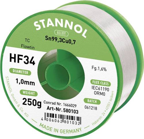 Stannol HF34 1,6% 1,0MM FLOWTIN TC CD 250G Lötzinn, bleifrei Spule, bleifrei Sn99,3Cu0,7 ORM0 250g von Stannol