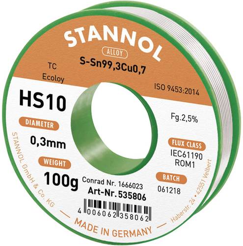 Stannol HS10 2,5% 0,3MM SN99,3CU0,7 CD 100G Lötzinn, bleifrei bleifrei, Spule Sn99,3Cu0,7 ROM1 100g von Stannol