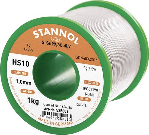 Stannol HS10 2,5% 1,0MM SN99,3CU0,7 CD 1000G Lötzinn, bleifrei bleifrei, Spule Sn99,3Cu0,7 ROM1 100 von Stannol