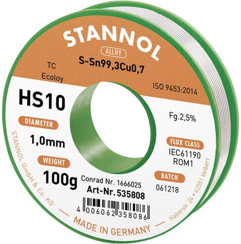 Stannol HS10 2,5% 1,0MM SN99,3CU0,7 CD 100G Lötzinn, bleifrei bleifrei, Spule Sn99,3Cu0,7 ROM1 100g von Stannol