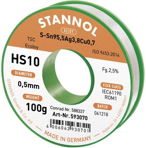 Stannol HS10 2510 Lötzinn, bleifrei Spule Sn95,5Ag3,8Cu0,7 ROM1 100g 0.5mm von Stannol
