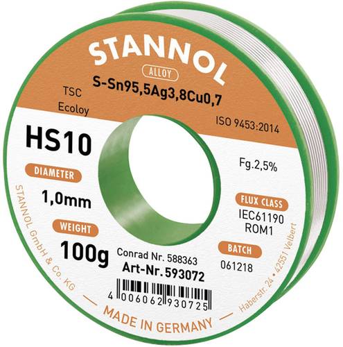 Stannol HS10 2510 Lötzinn, bleifrei Spule Sn95,5Ag3,8Cu0,7 ROM1 100g 1mm von Stannol
