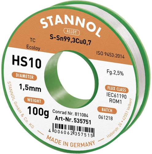 Stannol HS10 2510 Lötzinn, bleifrei Spule Sn99,3Cu0,7 ROM1 100g 1.5mm von Stannol