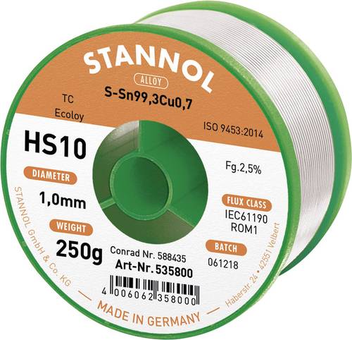 Stannol HS10 2510 Lötzinn, bleifrei Spule Sn99,3Cu0,7 ROM1 250g 1mm von Stannol