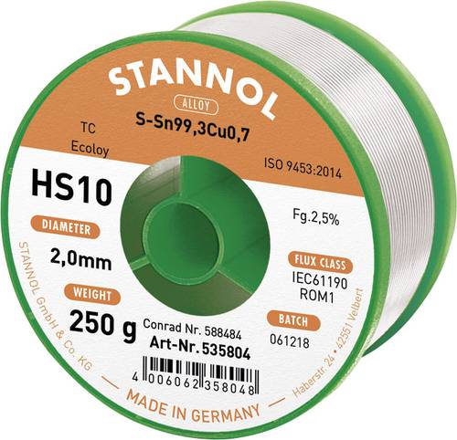 Stannol HS10 2510 Lötzinn, bleifrei Spule Sn99,3Cu0,7 ROM1 250g 2mm von Stannol