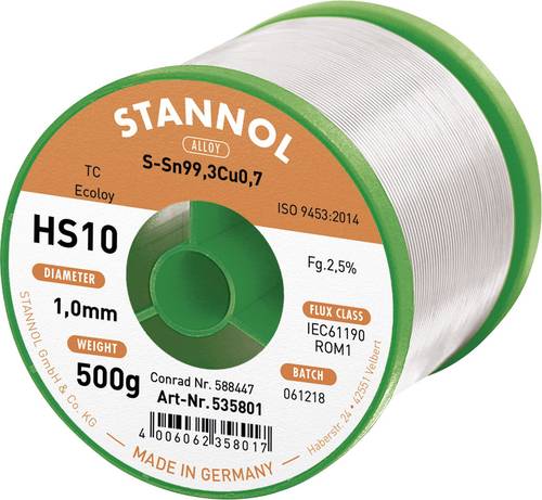 Stannol HS10 2510 Lötzinn, bleifrei Spule Sn99,3Cu0,7 ROM1 500g 1mm von Stannol