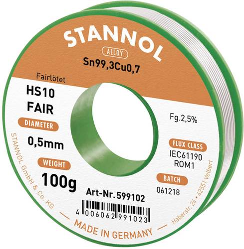 Stannol HS10-Fair Lötzinn Spule Sn99,3Cu0,7 ROM1 100g 0.5mm von Stannol