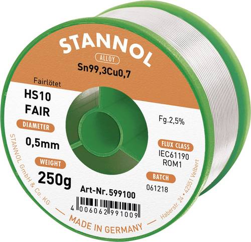 Stannol HS10-Fair Lötzinn Spule Sn99,3Cu0,7 ROM1 250g 0.5mm von Stannol