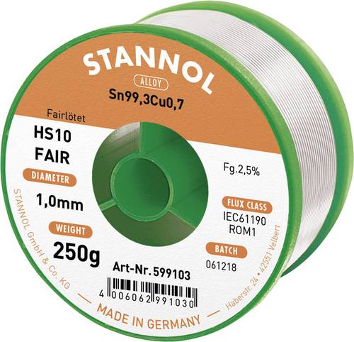 Stannol HS10-Fair Lötzinn Spule Sn99,3Cu0,7 ROM1 250g 1mm von Stannol