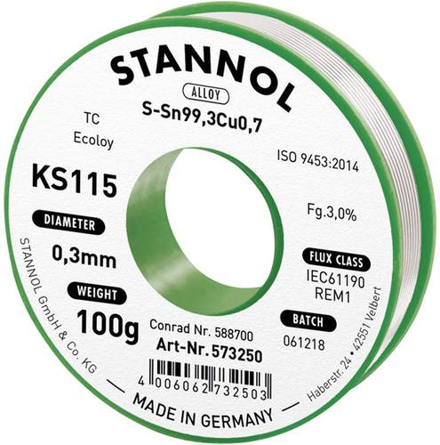 Stannol KS115 Lötzinn, bleifrei Spule Sn99,3Cu0,7 ROM1 100g 0.3mm von Stannol