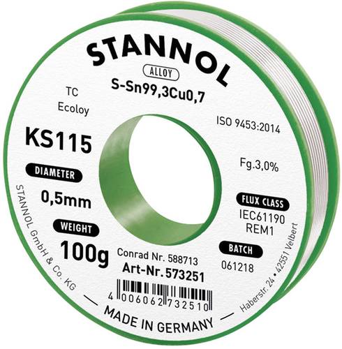 Stannol KS115 Lötzinn, bleifrei Spule Sn99,3Cu0,7 ROM1 100g 0.5mm von Stannol