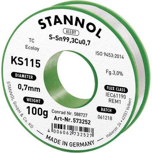 Stannol KS115 Lötzinn, bleifrei Spule Sn99,3Cu0,7 ROM1 100g 0.7mm von Stannol