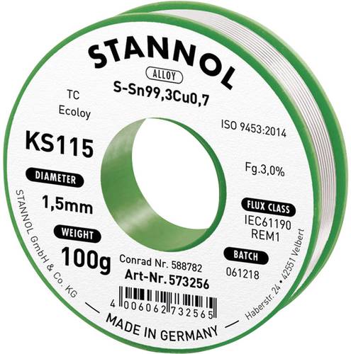 Stannol KS115 Lötzinn, bleifrei Spule Sn99,3Cu0,7 ROM1 100g 1.5mm von Stannol