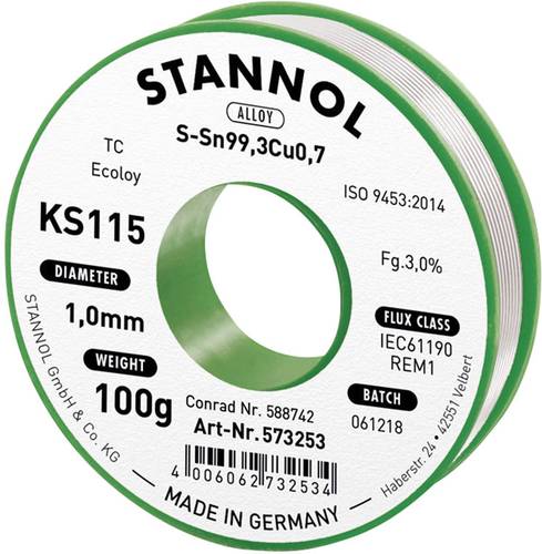 Stannol KS115 Lötzinn, bleifrei Spule Sn99,3Cu0,7 ROM1 100g 1mm von Stannol